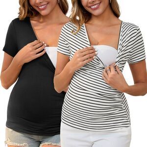 2 Pack Wrap V Neck Breastfeeding Stretch Maternity T-Shirt Black&Striped